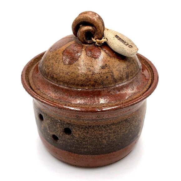 Signed Jimee Studio Art Pottery Clay Garlic Jar Cannister w/ Lid - Picture 1 of 6